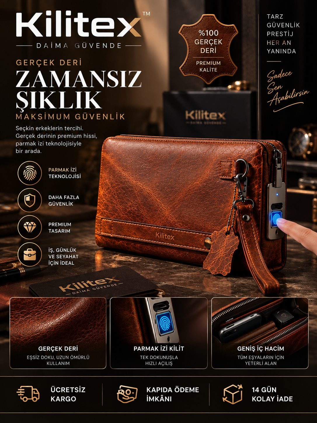 Kilitex® Gerçek Deri Parmak İzi Kilitli Erkek El Çantası