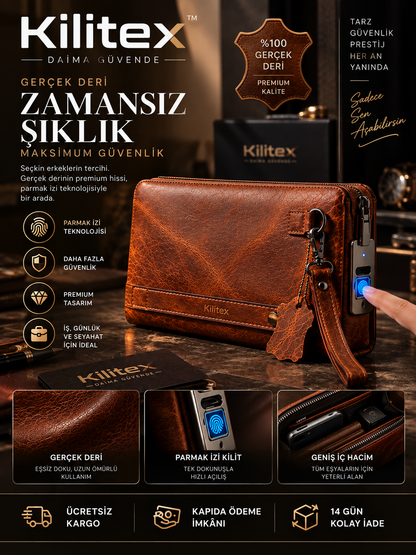 Kilitex® Gerçek Deri Parmak İzi Kilitli Erkek El Çantası